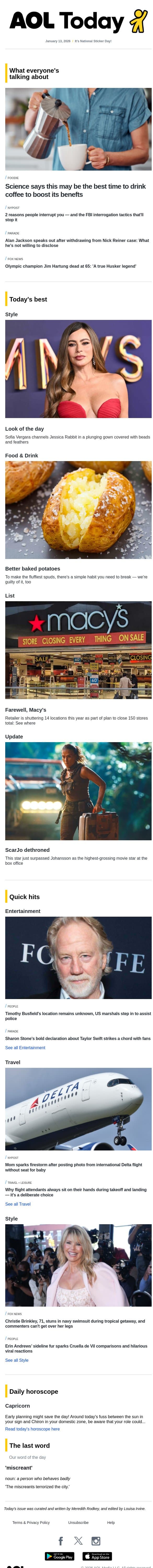 Olympian dies; Macy's closing stores; actor missing amid allegations email from AOL screenshot