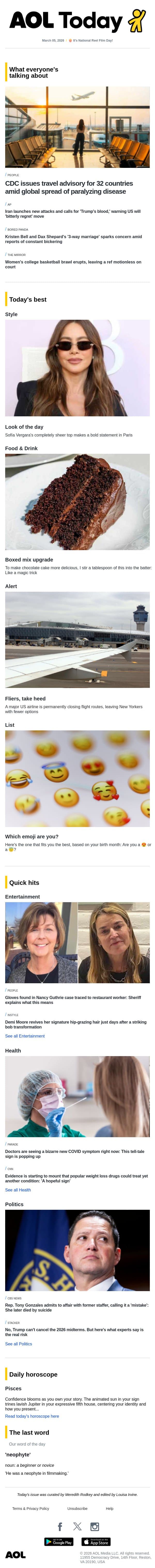 CDC travel warning; Rep. admits affair; new use for GLP-1s email from AOL screenshot