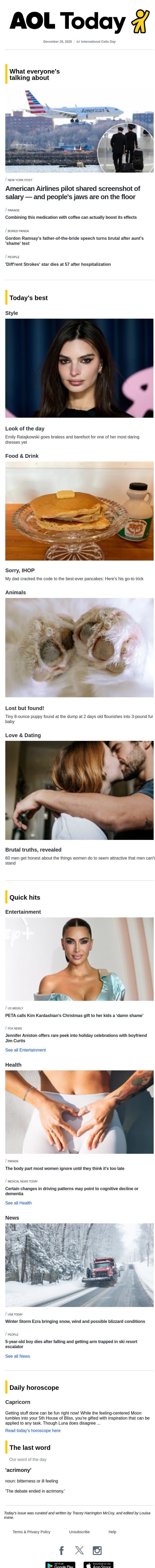 Actress dead at 57; pilot salaries revealed; brutal dating truths email from AOL screenshot