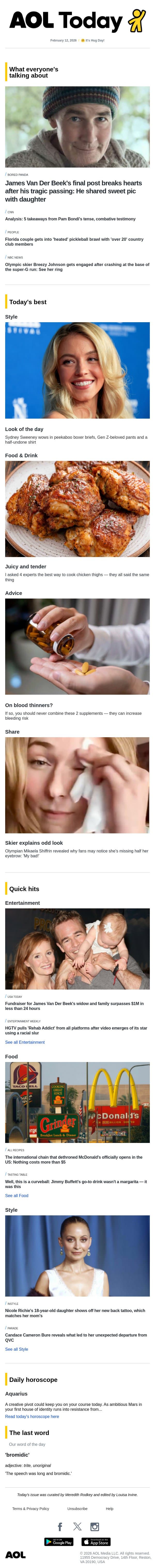 Van Der Beek's final post; HGTV pulls show over slur; Bondi's testimony email from AOL screenshot