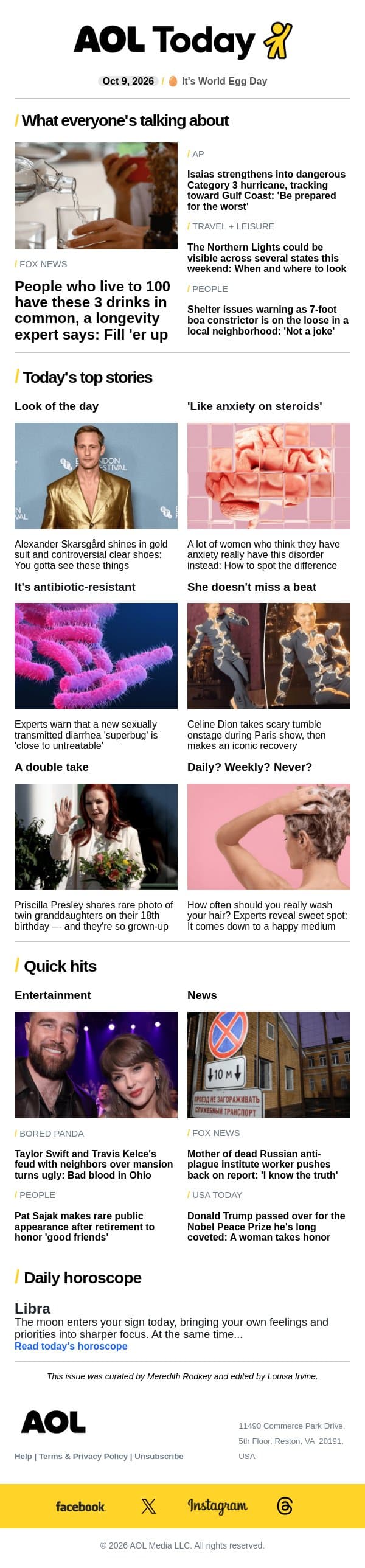 Taylor & Travis' feud; new 'superbug'; Nobel Peace Prize email from AOL screenshot
