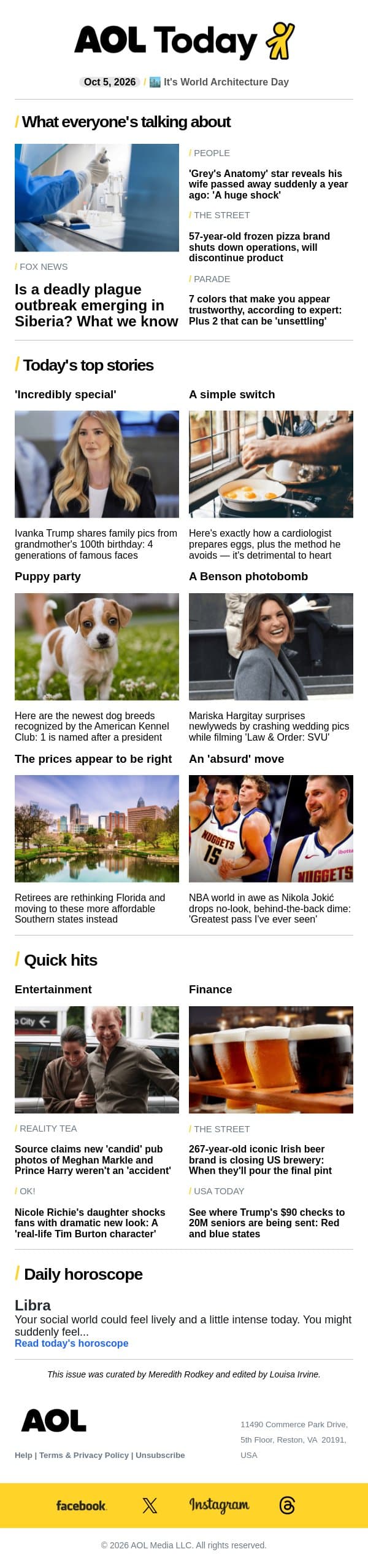 Plague outbreak; brewery closing; actor's shocking loss email from AOL screenshot