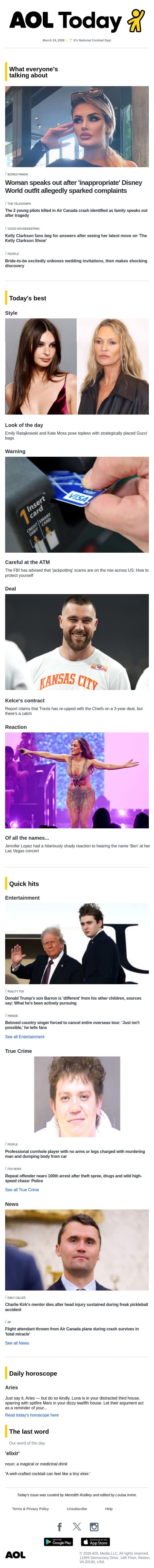 Disney complaints; ATM warning; country star cancels tour email from AOL screenshot
