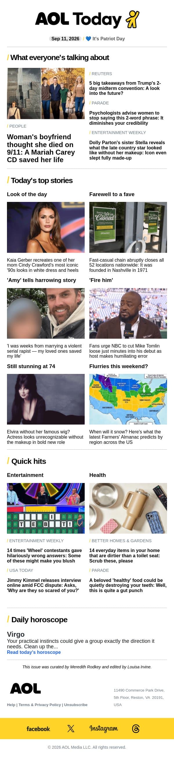 Elvira without her wig; fast-casual chain closes; 9/11 survivor email from AOL screenshot