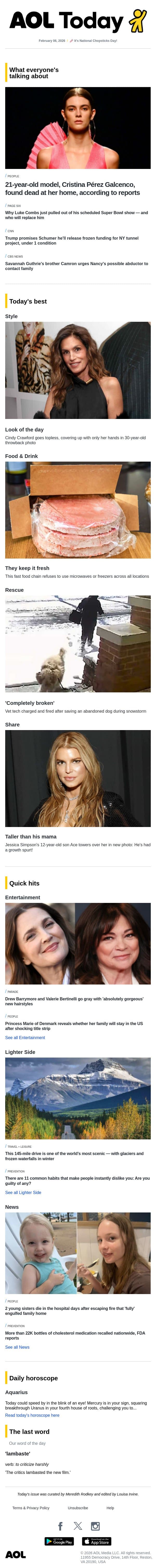 Model found dead; medication recall; 11 'unlikable' habits email from AOL screenshot