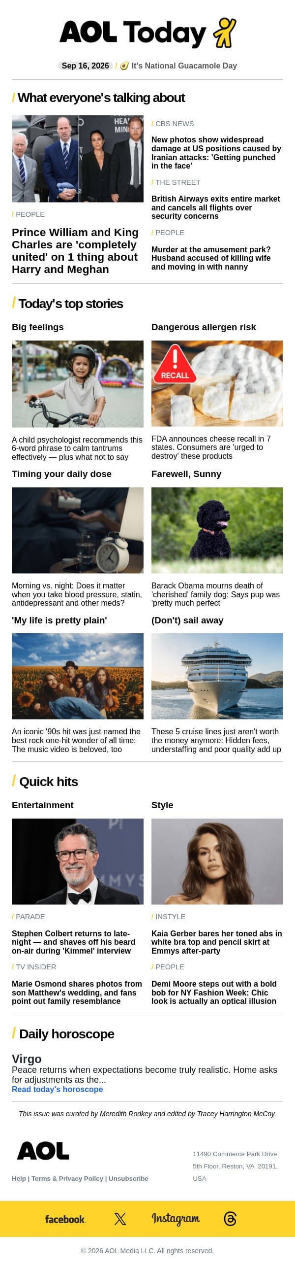 Best one-hit wonder ever; Colbert returns to late night; Obamas suffer loss email from AOL screenshot