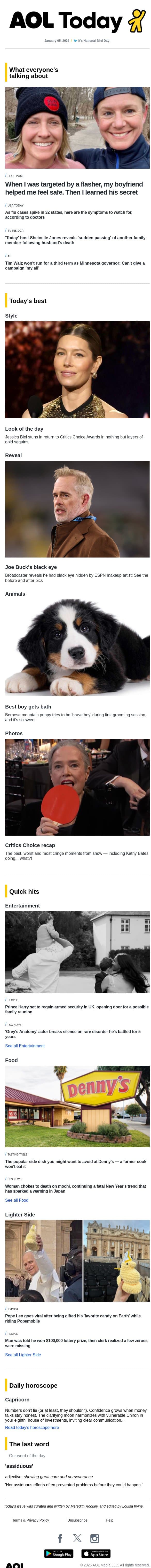 'Today' tragedy; flu cases spiking; dish to avoid at Denny's email from AOL screenshot