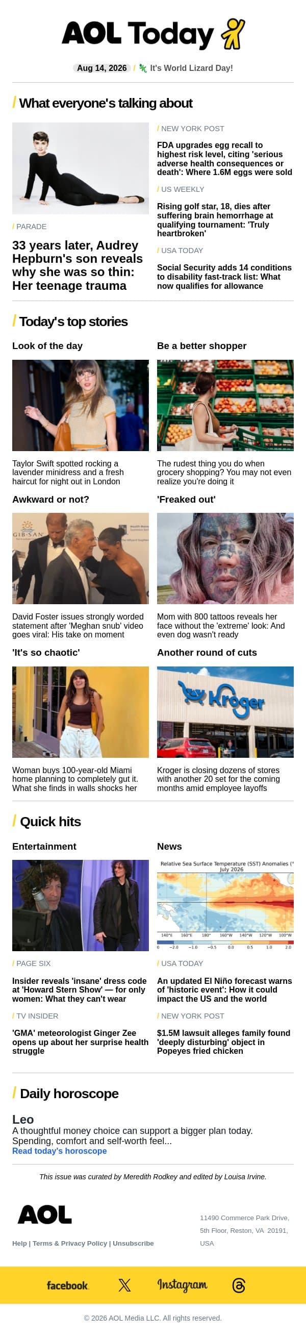 Golf star dies at 18; Stern's 'insane' dress code; Kroger closings email from AOL screenshot