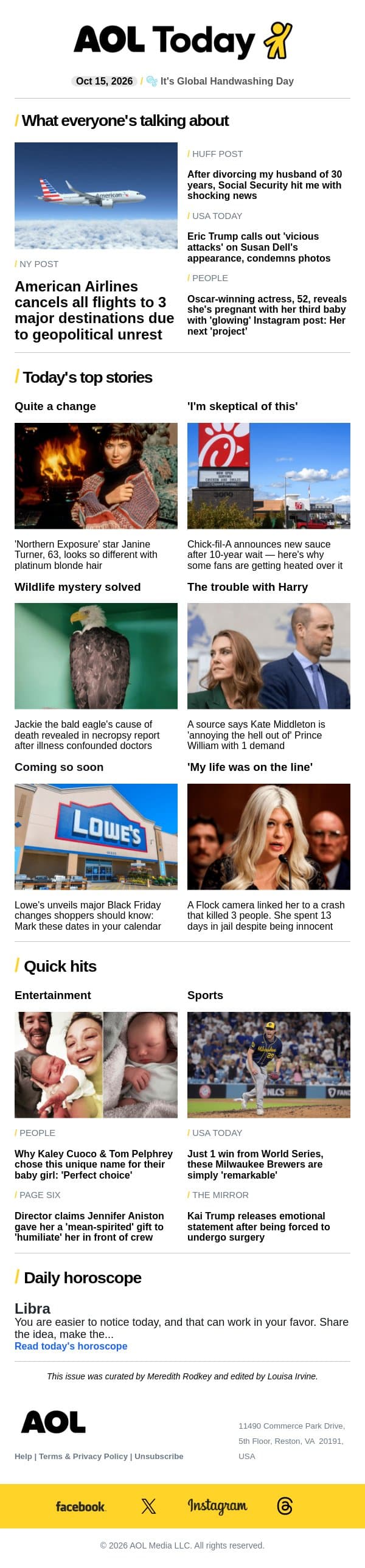 Social Security shocker; flights canceled; Kate 'annoying' William email from AOL screenshot