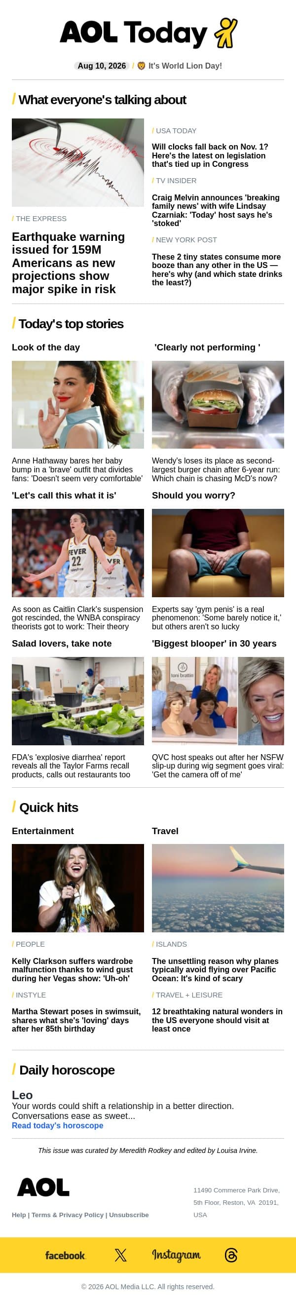 Earthquake alert for 159M in US; Kelly Clarkson's wardrobe malfunction email from AOL screenshot