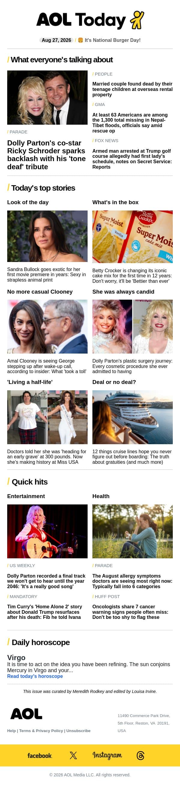 7 cancer signs people miss; Dolly's last song; lies cruises tell email from AOL screenshot