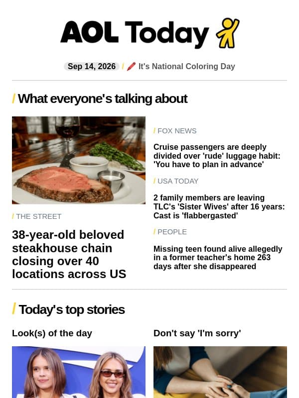 Steakhouse chain closing; 'rude' luggage habit; Liam Neeson's new love? email from AOL