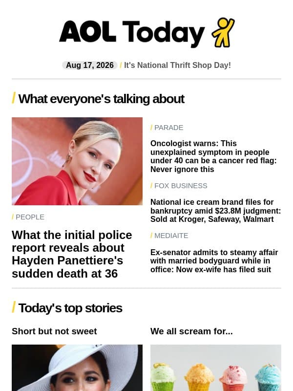 Hayden Panettiere's death; ice cream bankruptcy; cancer red flag email from AOL