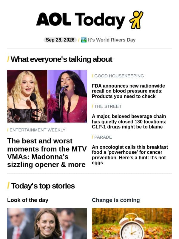 BP med recall; USPS price change; VMAs best & worst email from AOL