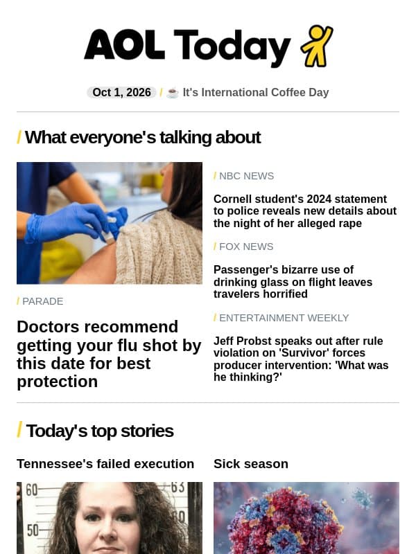 When to get flu shot; failed Tenn. execution; Carrey marries email from AOL