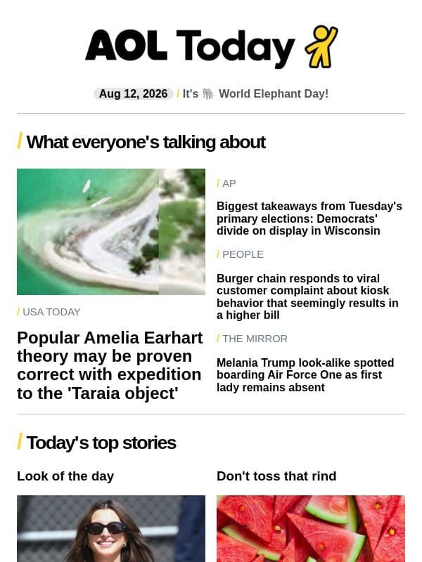 Melania look-alike; Amelia Earhart theory; burger chain's shady pricing trick email from AOL