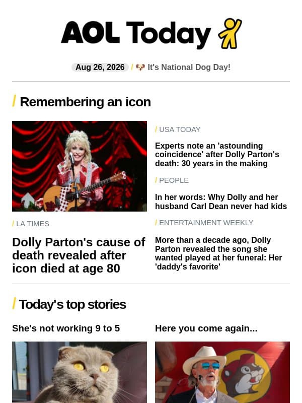 Dolly Parton's cause of death; 'tone deaf' golf ad; new Buc-ee's stores email from AOL