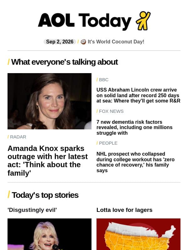 Amanda Knox's new act sparks outrage; Dolly disrespected; No. 1 beer email from AOL