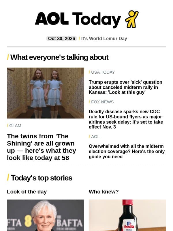 'Shining' twins at 58; actor's cause of death; chicken chain closes email from AOL
