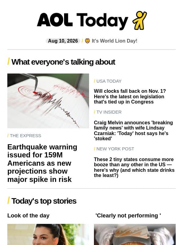 Earthquake alert for 159M in US; Kelly Clarkson's wardrobe malfunction email from AOL