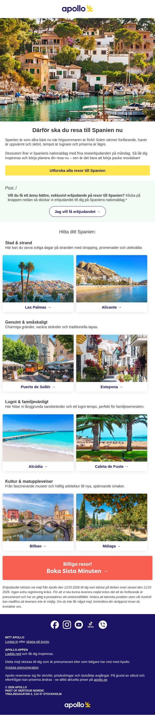 Därför ska du resa till Spanien nu email from Apollo screenshot