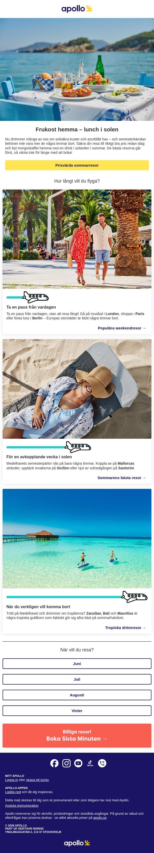 Frukost hemma. Lunch i solen? email from Apollo screenshot