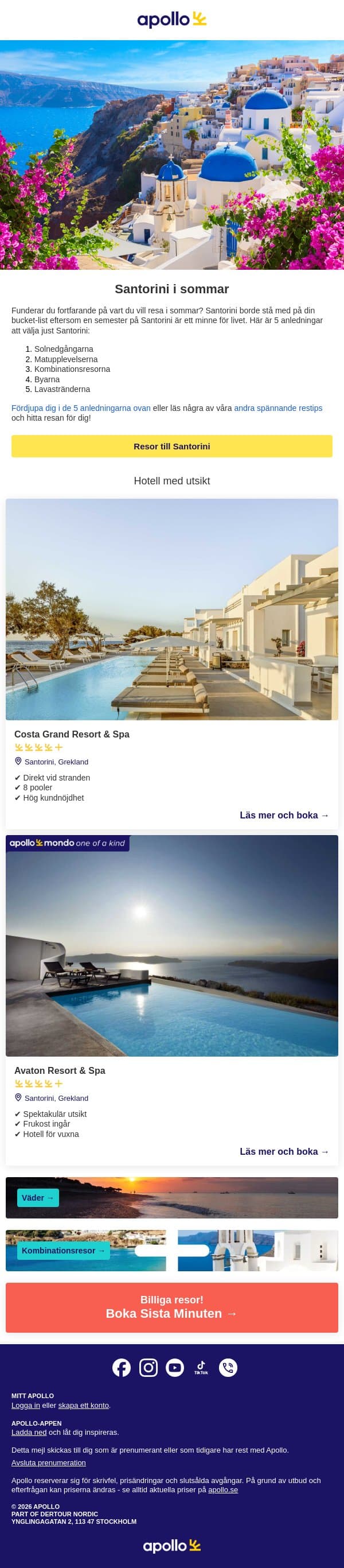 Därför ska du välja Santorini i sommar email from Apollo screenshot