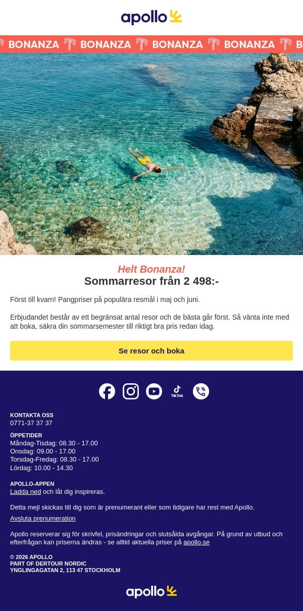 Först till kvarn: res från 2 498:- email from Apollo screenshot