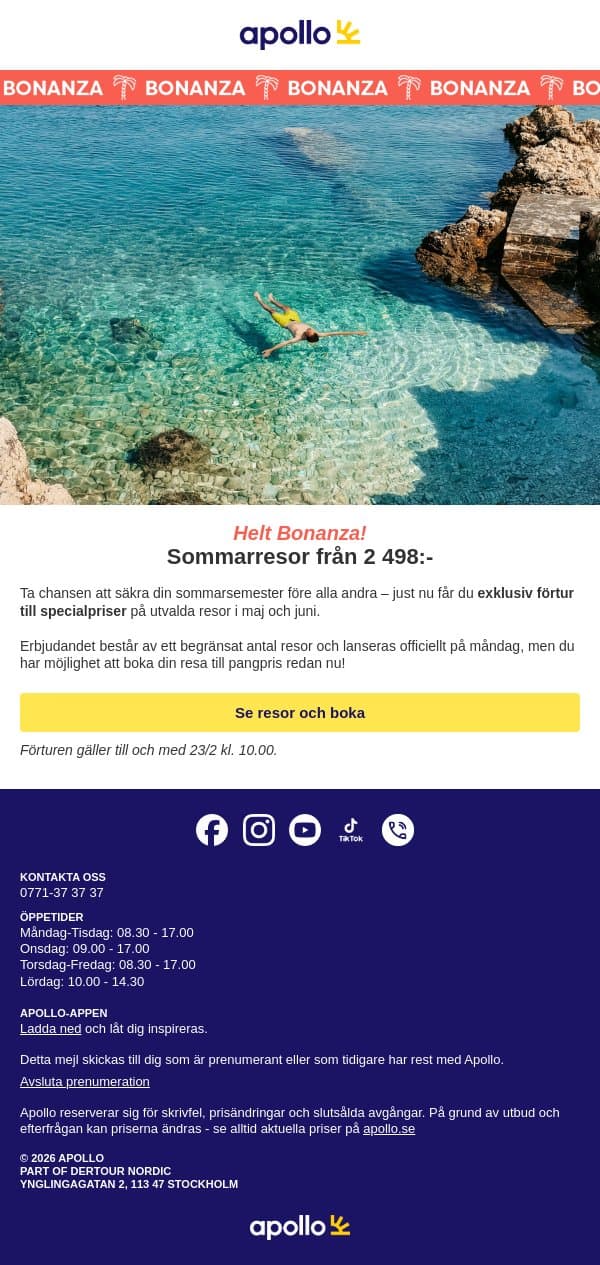 Du har förtur till Bonanzan email from Apollo screenshot
