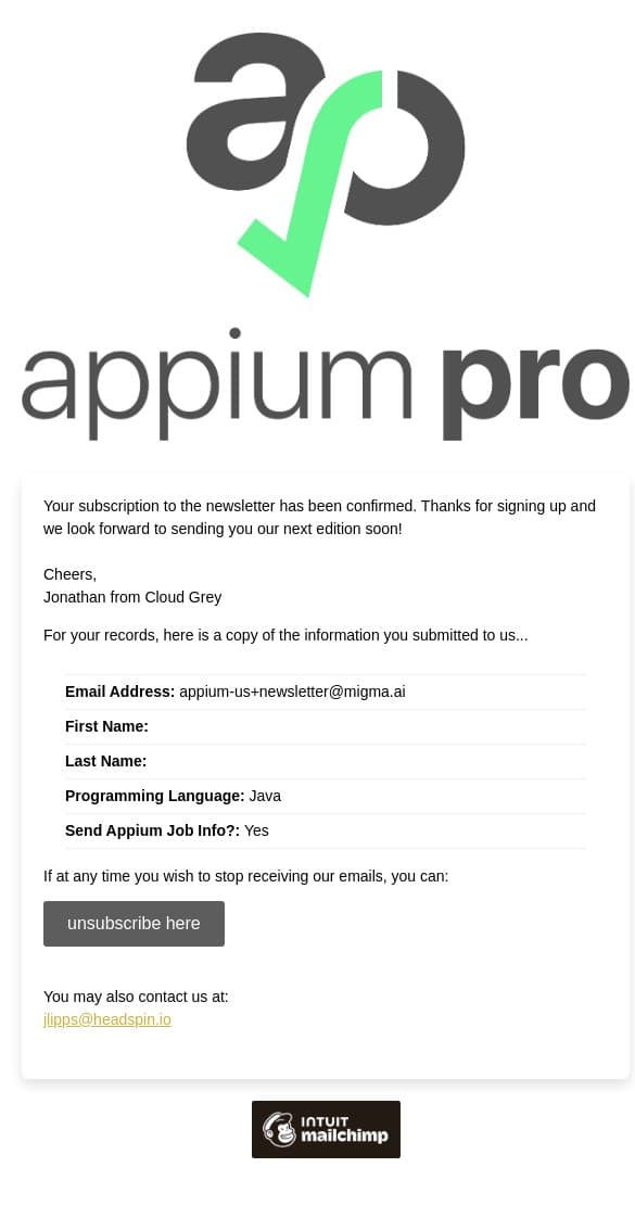 Appium Pro: Subscription Confirmed email from Appium screenshot