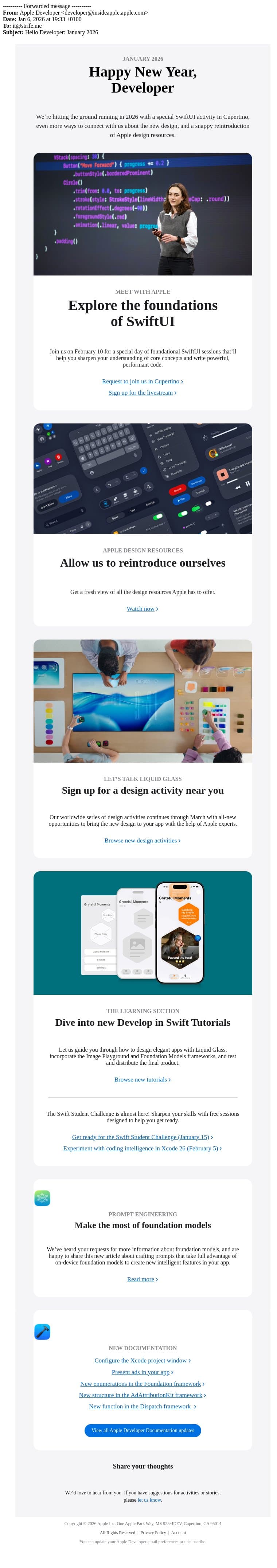 Fwd: Hello Developer: January 2026 email from Apple screenshot