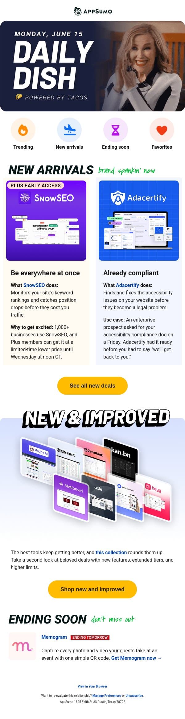 Just dropped: SnowSEO and Adacertify email from AppSumo screenshot
