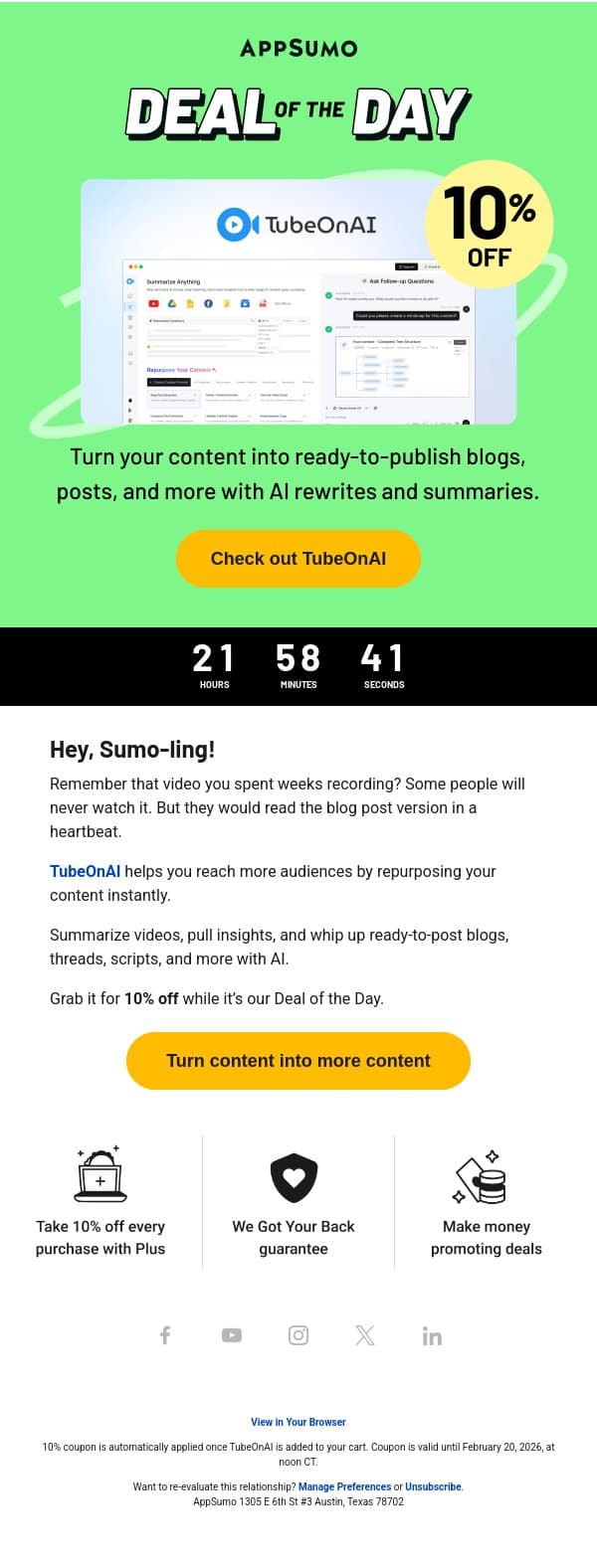 Deal of the Day: TubeOnAI (10% off!) email from AppSumo screenshot