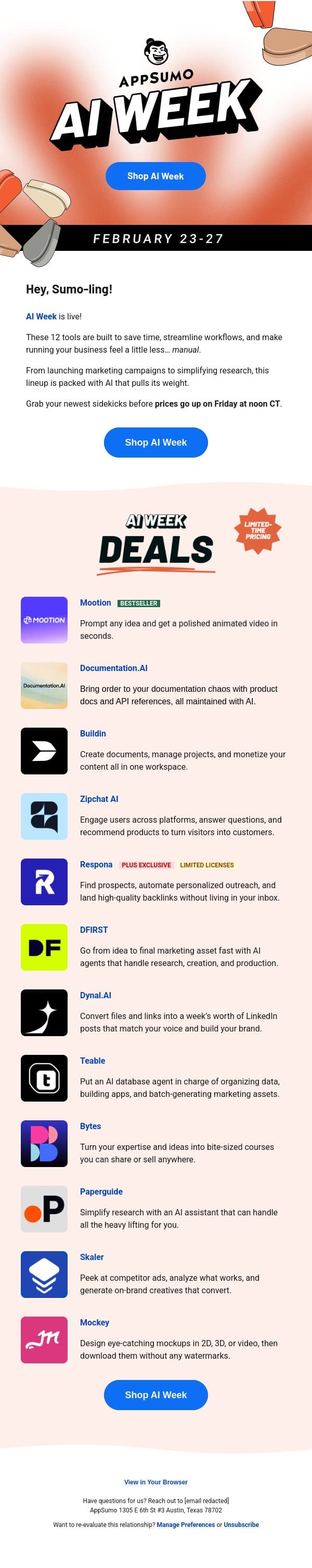 AI Week is back, baby! email from AppSumo screenshot