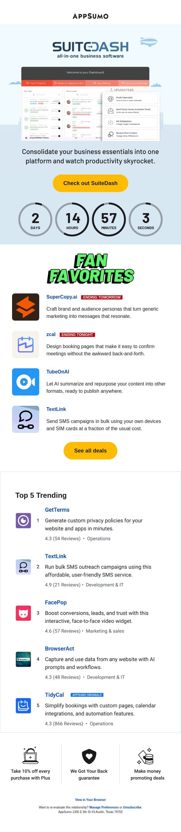 Too suite to miss email from AppSumo screenshot