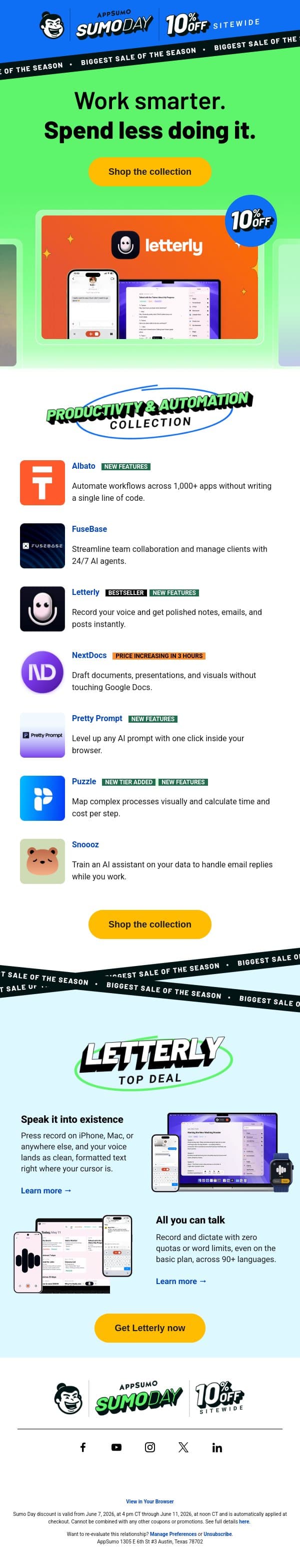 Sumo Day Collection #3: Productivity and Automation email from AppSumo screenshot