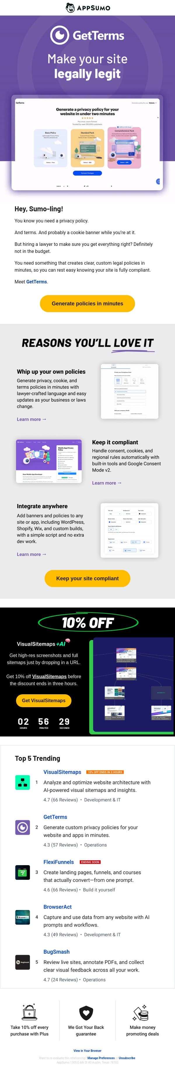 GetTerms of Endearment email from AppSumo screenshot