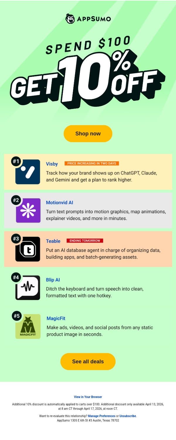 Chart toppers + sitewide discount email from AppSumo screenshot