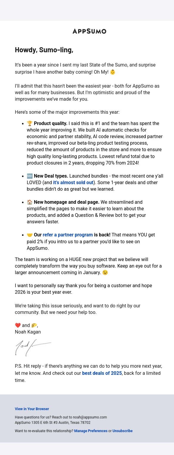 State of the Sumo 2025 and beyond… email from AppSumo screenshot
