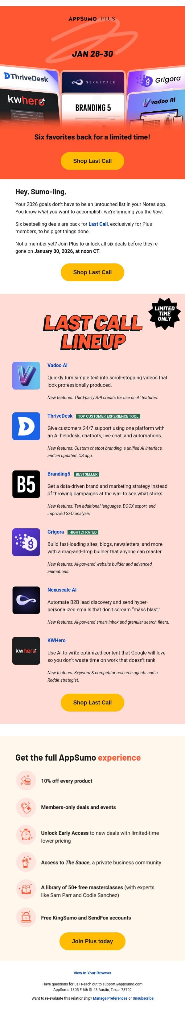 2026 goals 🤝 Last Call email from AppSumo screenshot