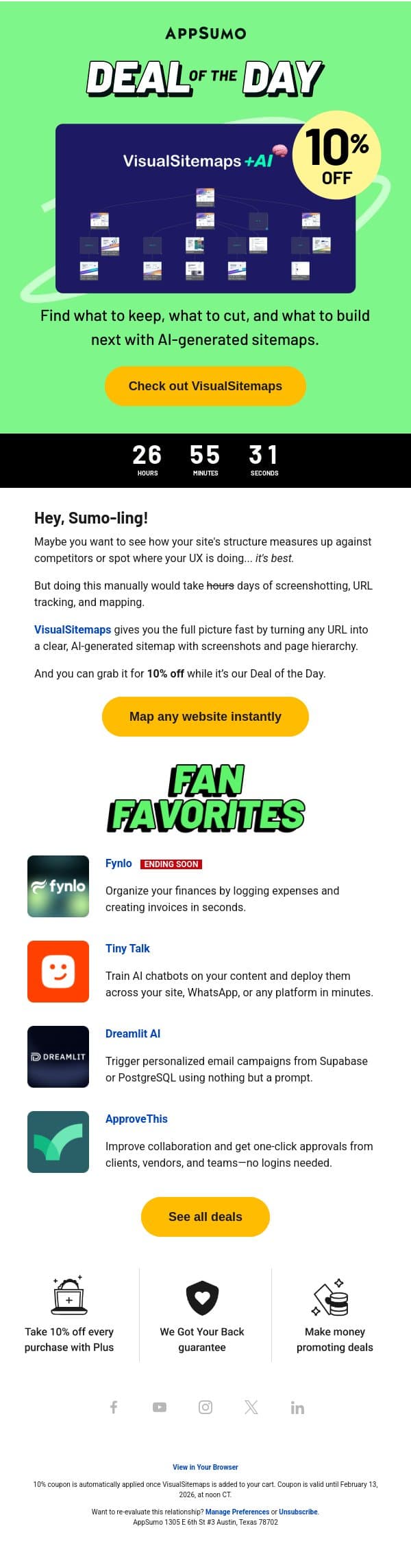 Deal of the Day: VisualSitemaps (10% off!) email from AppSumo screenshot