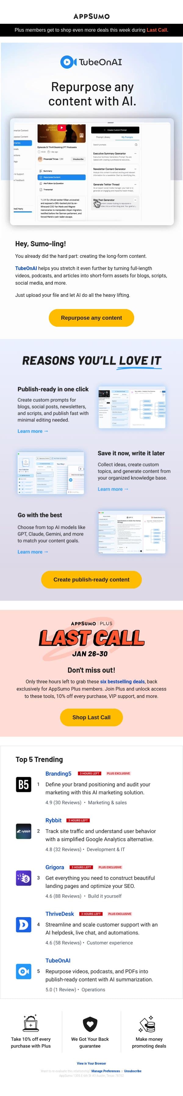 Tube it or lose it email from AppSumo screenshot