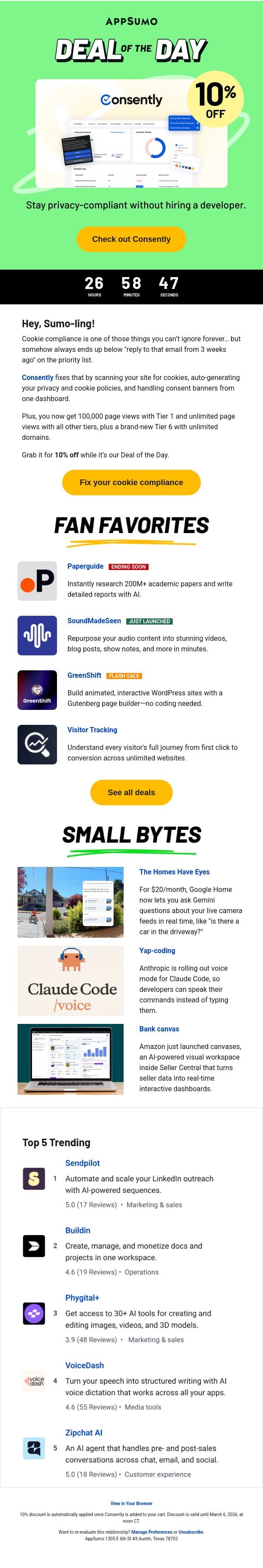 Deal of the Day: Consently (10% off!) email from AppSumo screenshot