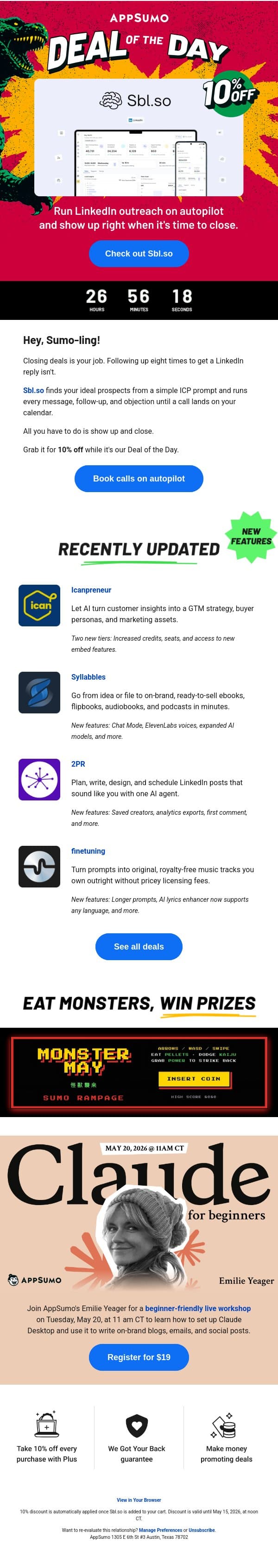 Deal of the Day: Sbl.so (10% off!) email from AppSumo screenshot