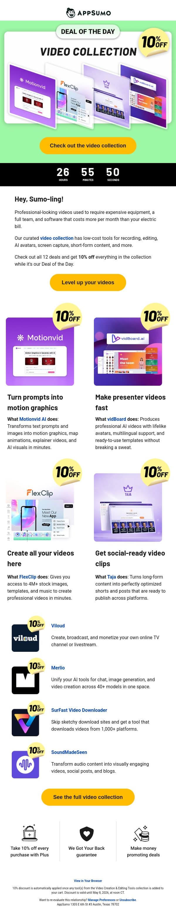 Deal of the Day: Must-have video tools (10% off!) email from AppSumo screenshot