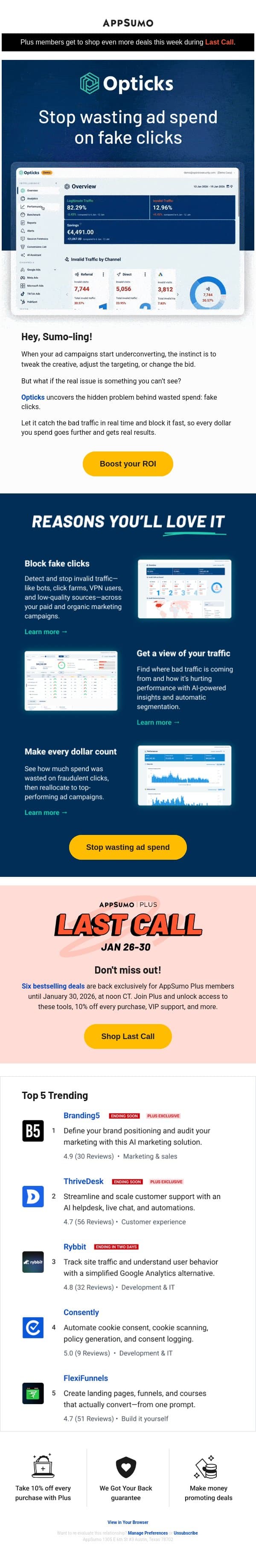 All about the Opticks email from AppSumo screenshot