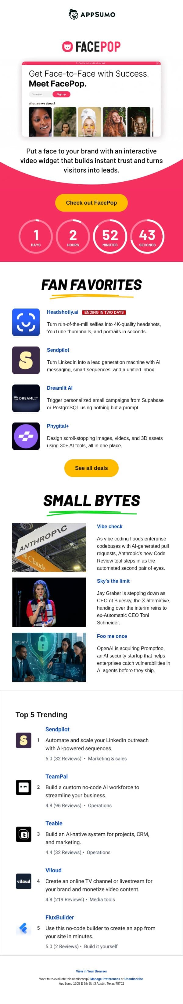 Popping off email from AppSumo screenshot