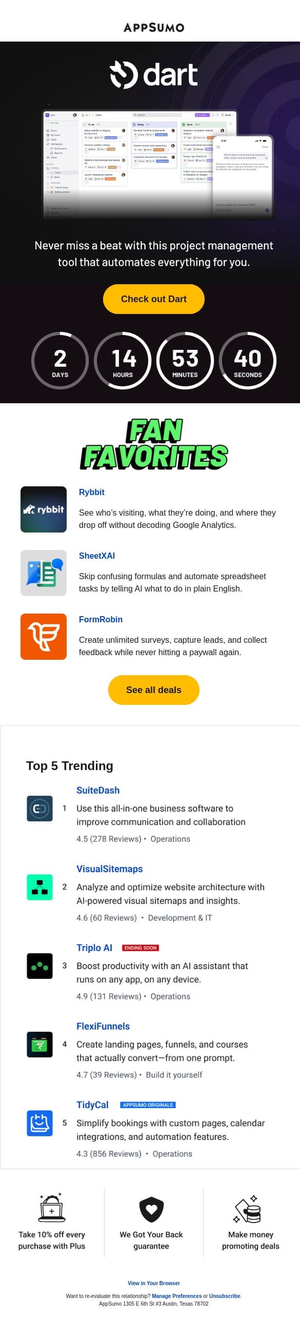 A work of Dart email from AppSumo screenshot