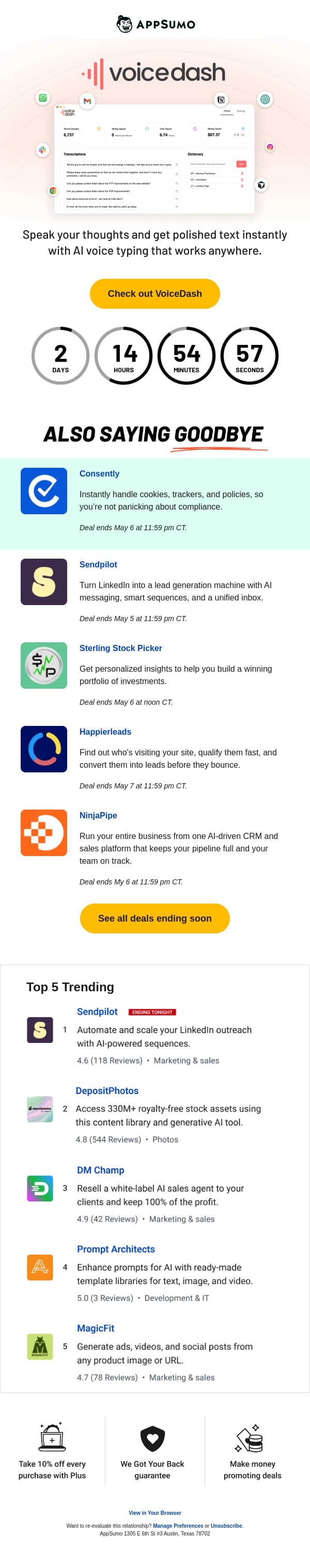 Cinco de Bye-o email from AppSumo screenshot
