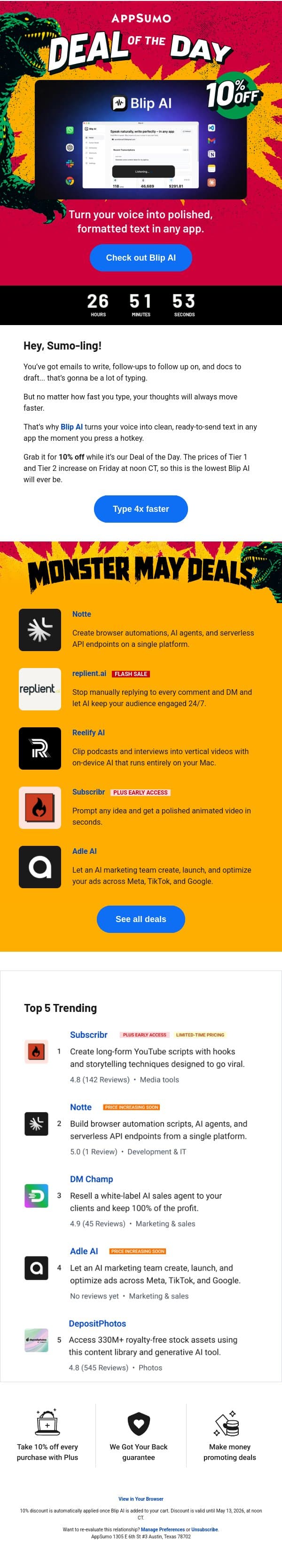 Deal of the Day: Blip AI (10% off!) email from AppSumo screenshot